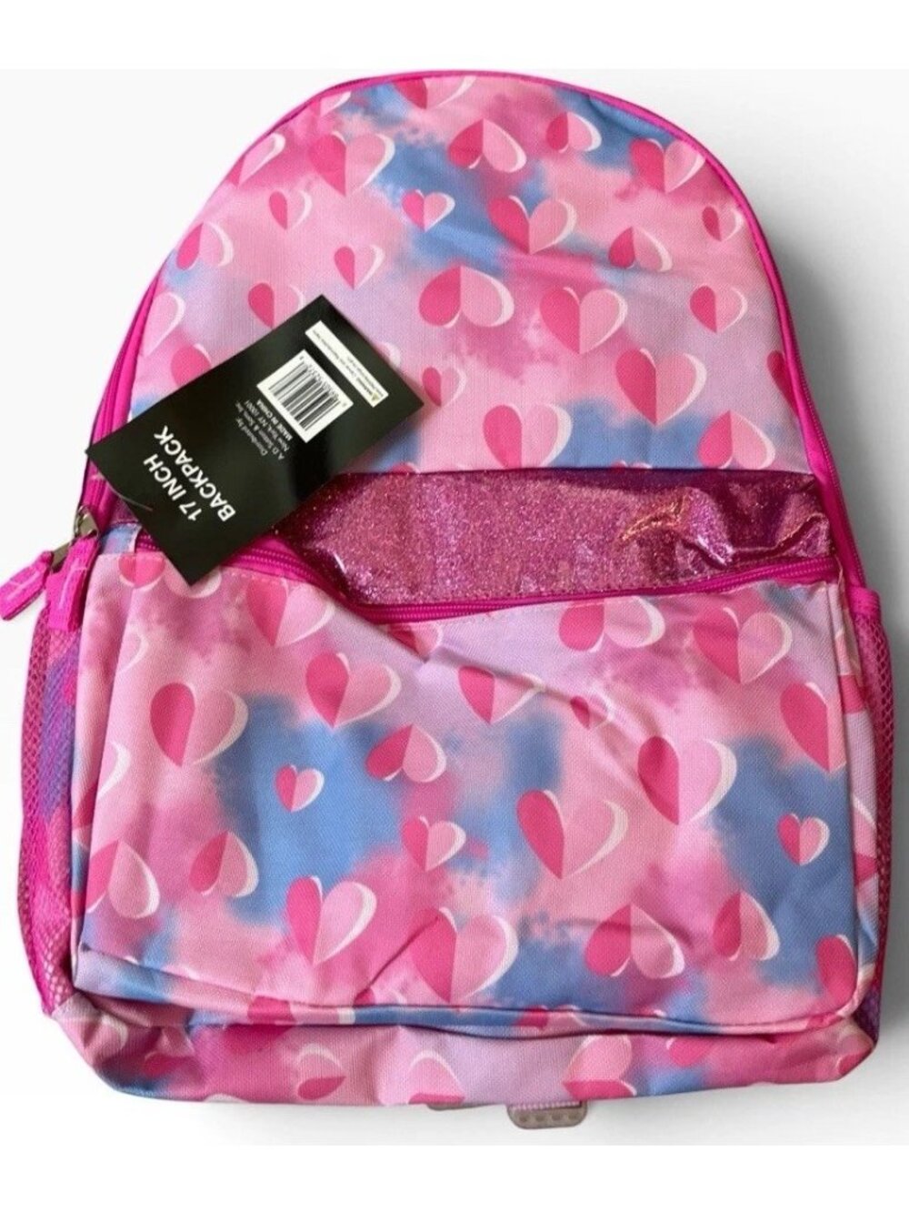 Full Size School Pink Hearts Backpack 17" Glitter Canvas A D Sutton & Sons NWT